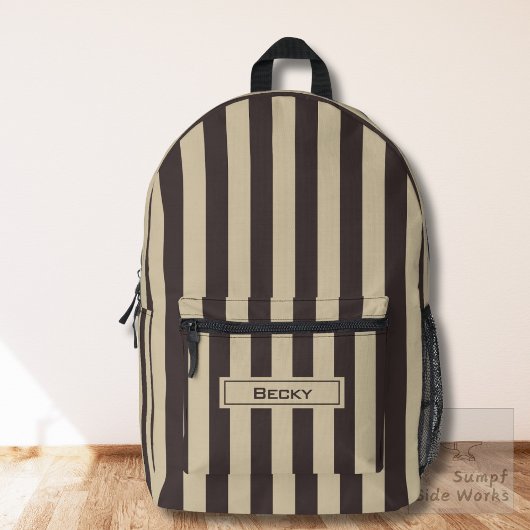 Coffee Brown and Sand Stripes and Name Bedruckter Rucksack