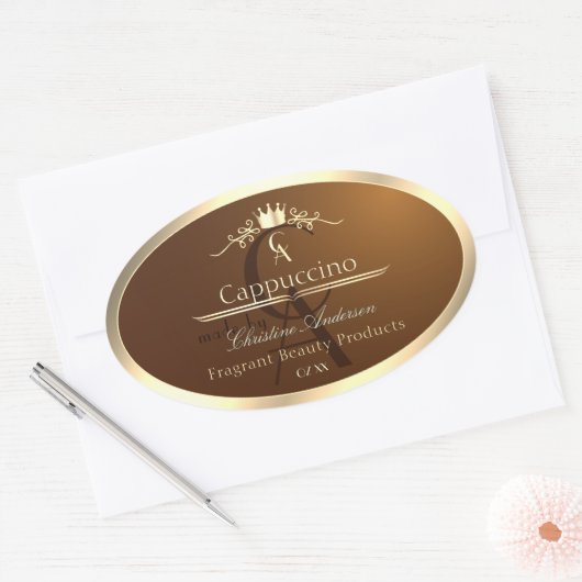 Coffee Brown Product Label Gold Frame und Monogram Ovaler Aufkleber (Umschlag)