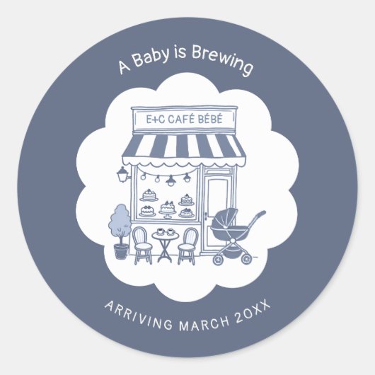 Coffee Brunch Theme Bebe Cafe Blue 2 Baby Shower Runder Aufkleber (Vorderseite)