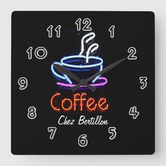 Coffee Café Neon Sign Personalisiert Quadratische Wanduhr (Vorderseite)