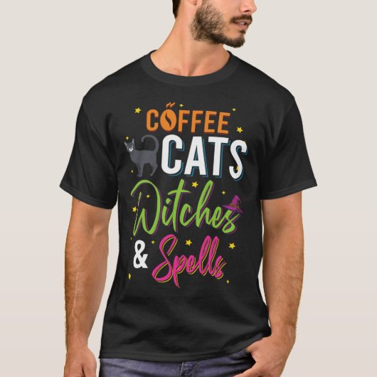 Coffee Cats Witches And Spells Cute Halloween T-Shirt (Vorderseite)