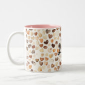 Coffee Cream Brown Peach Hearts Zweifarbige Tasse (Links)