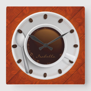Coffee Cup & Coffee Beans Monogrammed Wall Clock Quadratische Wanduhr