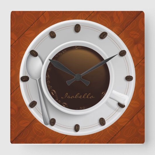 Coffee Cup & Coffee Beans Monogrammed Wall Clock Quadratische Wanduhr (Vorderseite)