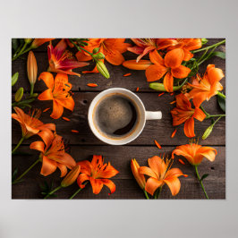 Coffee cup surrounded by vibrant orange flowers poster