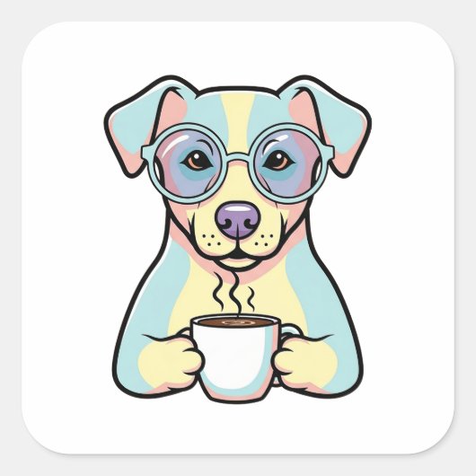 Coffee Dog with Glasses – Cute Whimsical Illustrat Quadratischer Aufkleber (Vorderseite)