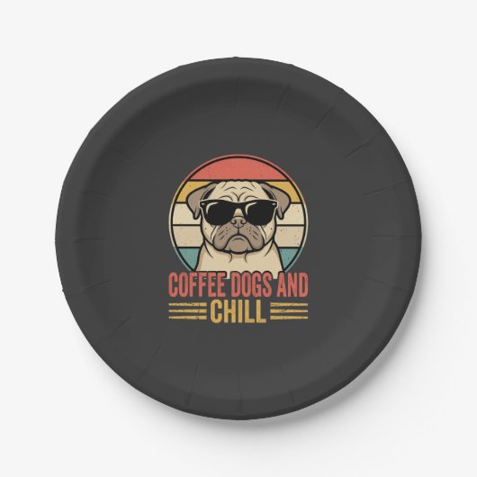 Coffee Dogs und Chill Retro Pug Pappteller (Vorderseite)