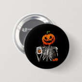 Coffee Drinking Skeleton Pumpkin Halloween Costume Button (Vorne & Hinten)