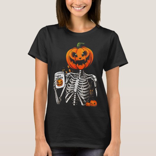 Coffee Drinking Skeleton Pumpkin Halloween Costume T-Shirt (Vorderseite)