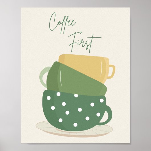 Coffee First Retro Boho Mugs Wandkunst Druck Poster (Vorne)