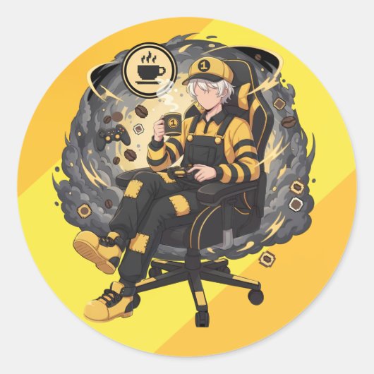 Coffee Gamer Anime Boy Yellow Aesthetic Art Runder Aufkleber (Vorderseite)