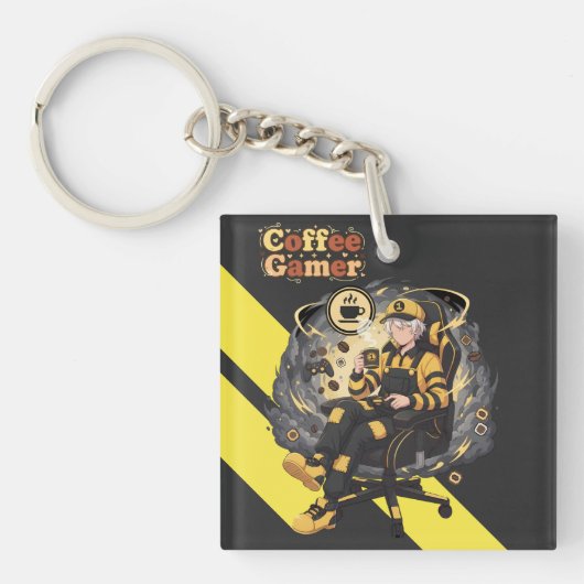 Coffee Gamer Anime Boy Yellow Aesthetic Art Schlüsselanhänger (Vorderseite)