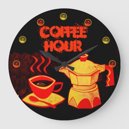 COFFEE HOUR /Red Yellow Coffee Cup and Coffeepot Große Wanduhr (Vorderseite)