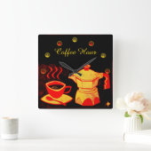 COFFEE HOUR /Red Yellow Coffee Cup and Coffeepot Quadratische Wanduhr (Zuhause)