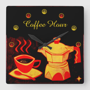 COFFEE HOUR /Red Yellow Coffee Cup and Coffeepot Quadratische Wanduhr