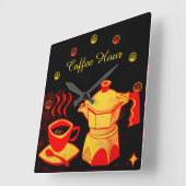 COFFEE HOUR /Red Yellow Coffee Cup and Coffeepot Quadratische Wanduhr (Winkel)
