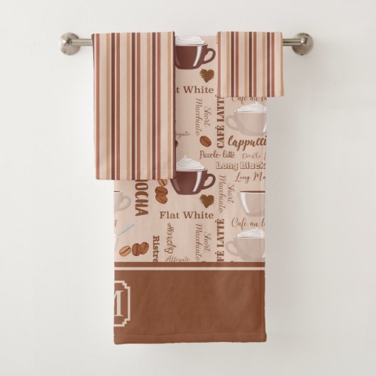 Coffee Images Stripe Muster Monogramm Badhandtuch Set (Insitu)