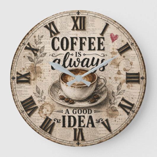 Coffee Is Always a Good Idea Rustic Café Decor Große Wanduhr (Vorderseite)