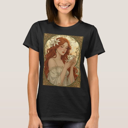 Coffee Lover And Lily Flowers Art Nouveau T-Shirt (Vorderseite)