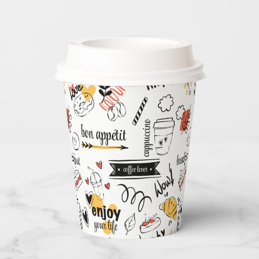 Coffee Lover Ink Sketch Muster Pappbecher (Rückseite)