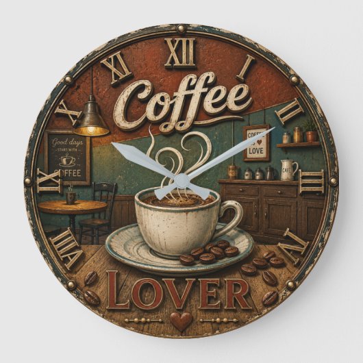 Coffee Lover Rustic Shop Große Wanduhr (Vorderseite)