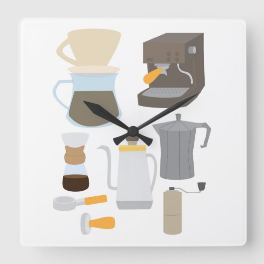 Coffee Maker Tools Quadratische Wanduhr (Vorderseite)