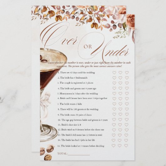 Coffee Martini Over or Under Bridal Shower Game (Vorne/Hinten)
