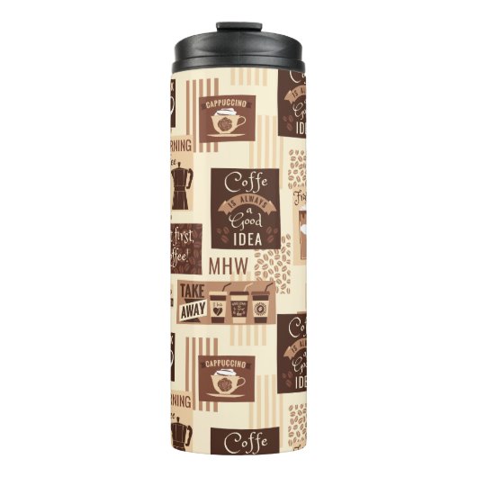 Coffee Pattern Custom Monogram Tumbler Thermosbecher (Vorderseite)