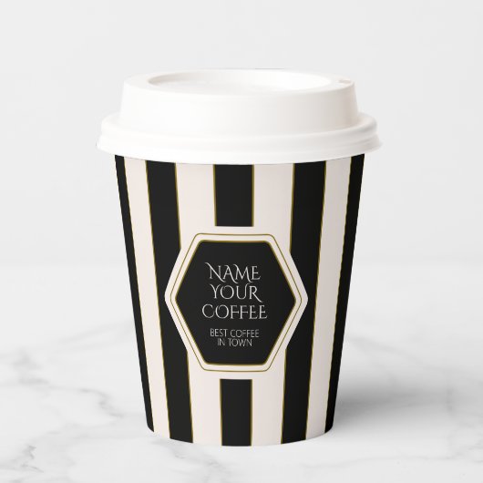 Coffee Shop Black and Cream Stripes with Gold Pappbecher (Vorderseite)