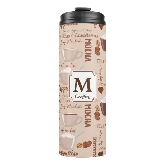 Coffee Terms Muster Monogram Thermosbecher (Vorderseite)