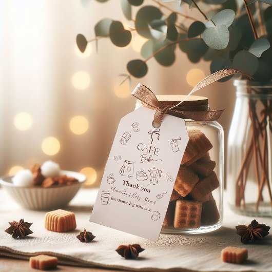 Coffee Theme Beige Cafe Bebe Brewing Baby Shower Geschenkanhänger