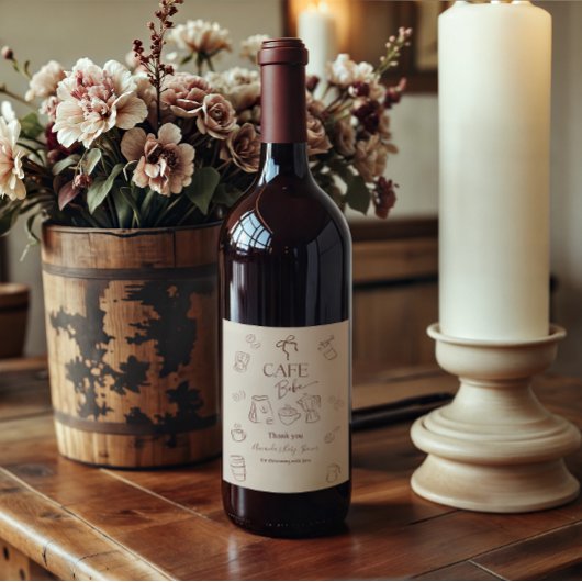 Coffee Theme Beige Cafe Bebe Brewing Baby Shower Weinetikett