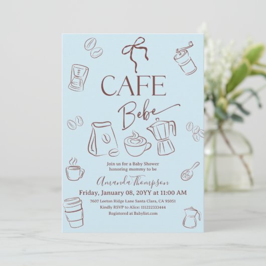 Coffee Theme Blue Bow Cafe Bebe Boy Baby Shower Einladung (Stehend Vorderseite)