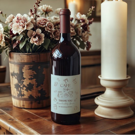 Coffee Theme Blue Bow Cafe Bebe Boy Baby Shower Weinetikett