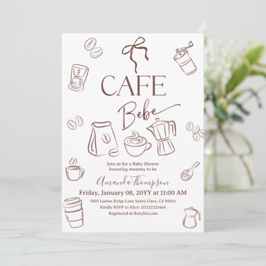 Coffee Theme Bow Cafe Bebe Brewing Baby Shower Einladung (Stehend Vorderseite)