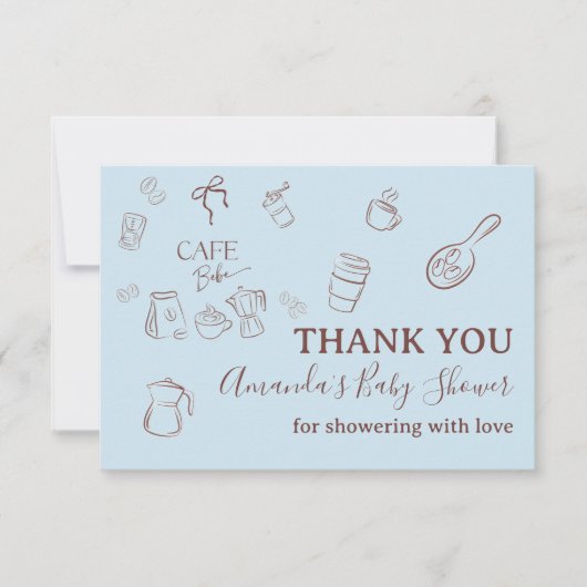 Coffee Theme Boy Blue Bow Cafe Bebe Baby Shower Dankeskarte (Vorderseite)