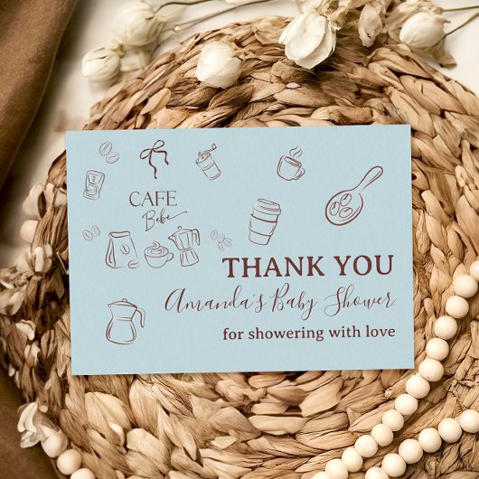 Coffee Theme Boy Blue Bow Cafe Bebe Baby Shower Dankeskarte