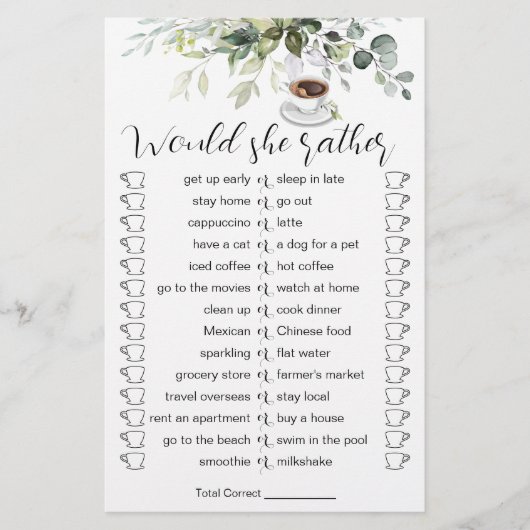 Coffee Themed Dusche Brautparty Game Card Flyer (Vorne)