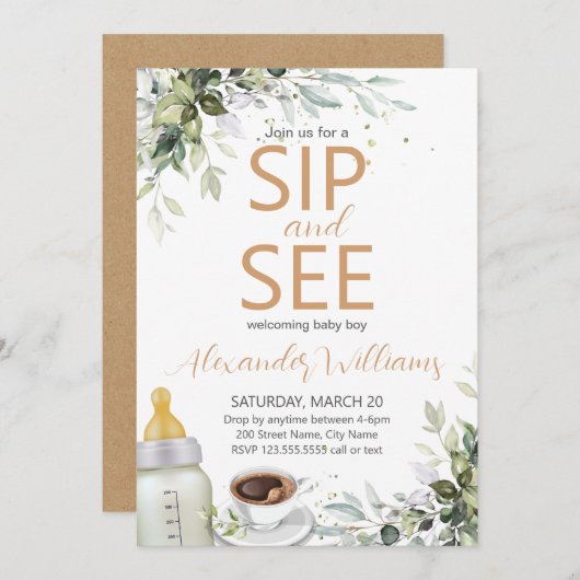 Coffee Themed Party Baby Sip and See Einladung (Vorne/Hinten)