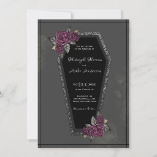 Coffin Black Gray Rose Sparkle Halloween Hochzeit Einladung