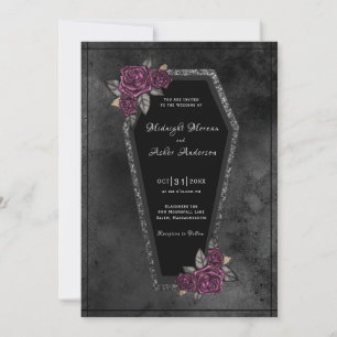 Coffin Black Gray Rose Sparkle Halloween Hochzeit Einladung