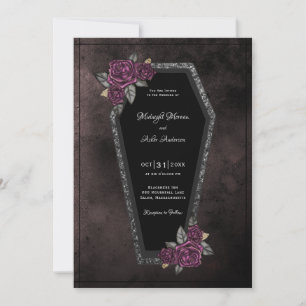 Coffin Black Gray Rose Sparkle Halloween Hochzeit Einladung