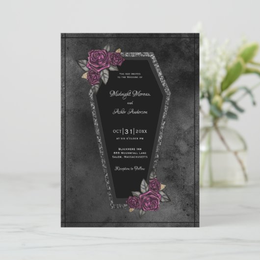Coffin Black Gray Rose Sparkle Halloween Hochzeit Einladung (Stehend Vorderseite)