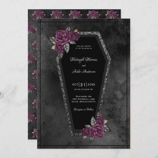 Coffin Black Gray Rose Sparkle Halloween Hochzeit Einladung (Vorne/Hinten)