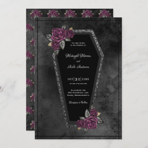 Coffin Black Gray Rose Sparkle Halloween Hochzeit Einladung