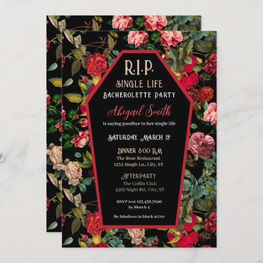 Coffin & Rose R.I.P Junggeselinnen-Abschied Einlad Einladung (Vorne/Hinten)