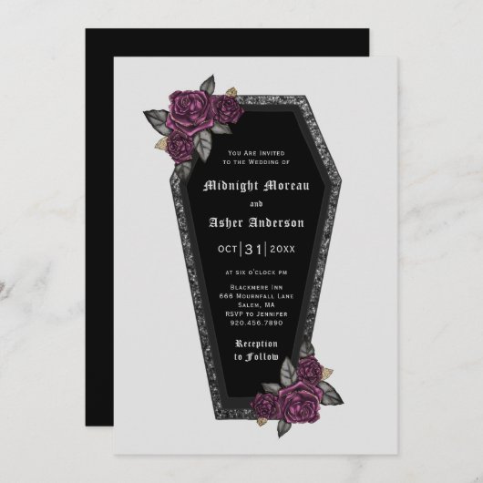 Coffin Rose Sparkle Halloween Hochzeit Einladung (Vorne/Hinten)