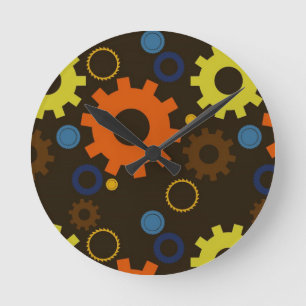 Cogs & Gears (Orange on Brown) Wall Clock Runde Wanduhr