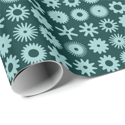 Cogs - Light Blue Green on Dark Moss Green Geschenkpapier (Rolleneckpunkt)