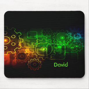 Cogwheels Mechanik schwarz neo-grüner orangefarben Mousepad